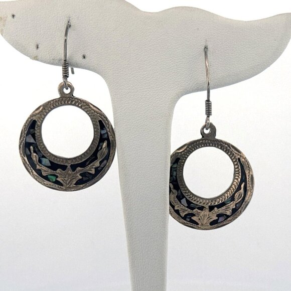 Vintage Sterling Silver 925 Mexico Abalone Inlay Dangle Hoop Earrings 9.7g - Picture 1 of 8